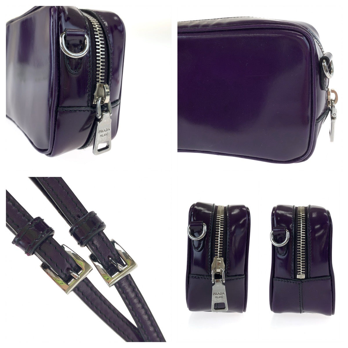 PRADA Prada Triangle Logo Plate Purple Silver Hardware Patent Leather Shoulder Bag Crossbody Women's