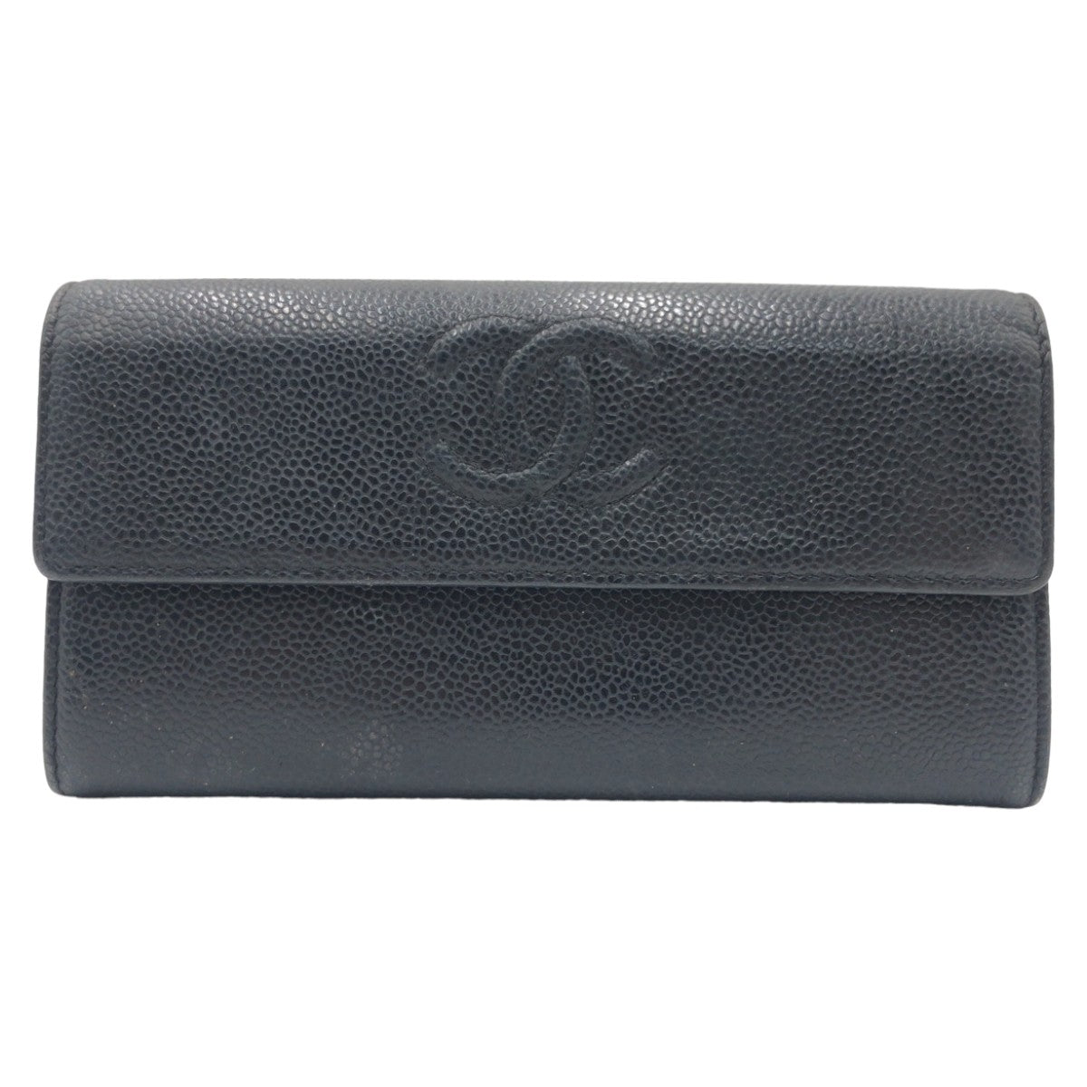 10577
 CHANEL Coco Mark Black Silver Hardware Leather Long Wallet Women's