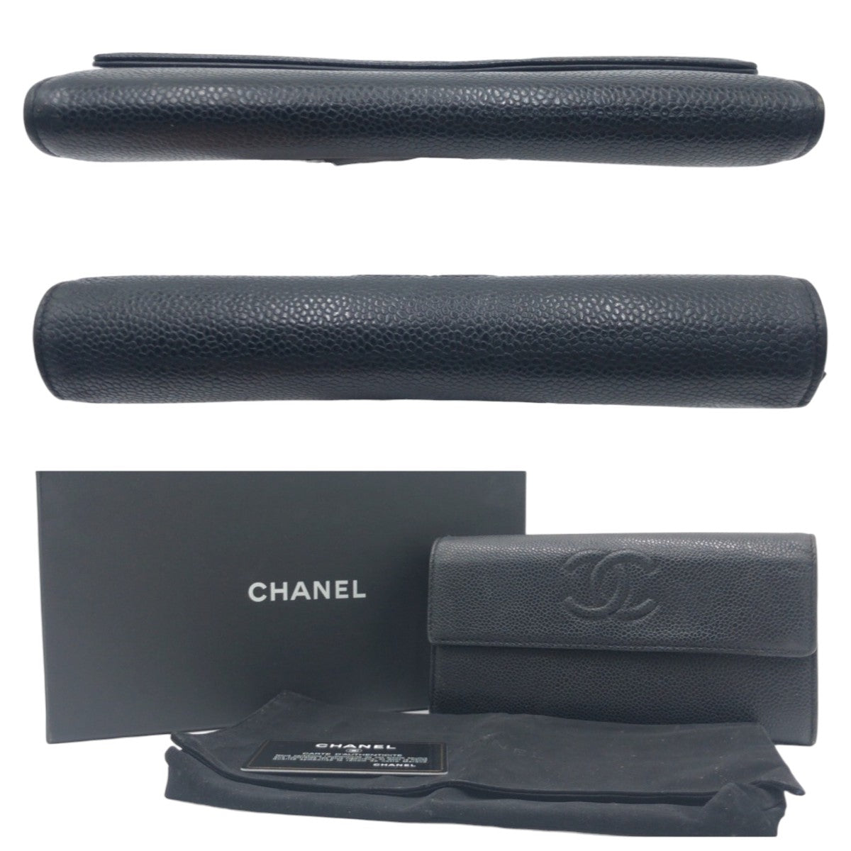 10577
 CHANEL Coco Mark Black Silver Hardware Leather Long Wallet Women's