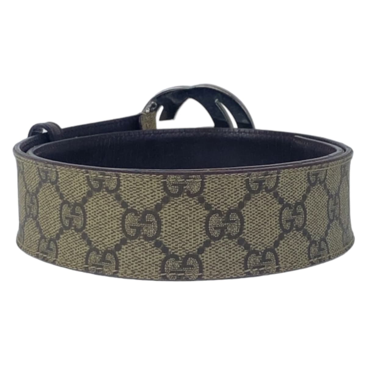 10590
GUCCI グッチ インターロッキング GGバックル ベージュ ブラウン シルバー金具 GGスプリームキャンバス / レザー ベルト バックル  メンズ