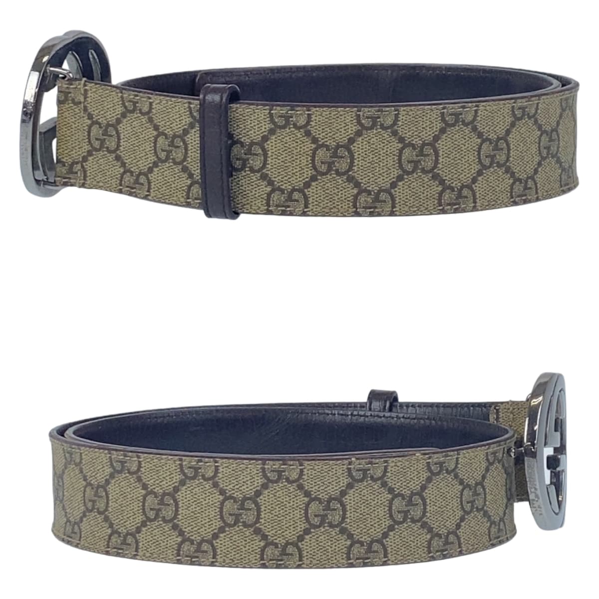 10590
GUCCI グッチ インターロッキング GGバックル ベージュ ブラウン シルバー金具 GGスプリームキャンバス / レザー ベルト バックル  メンズ