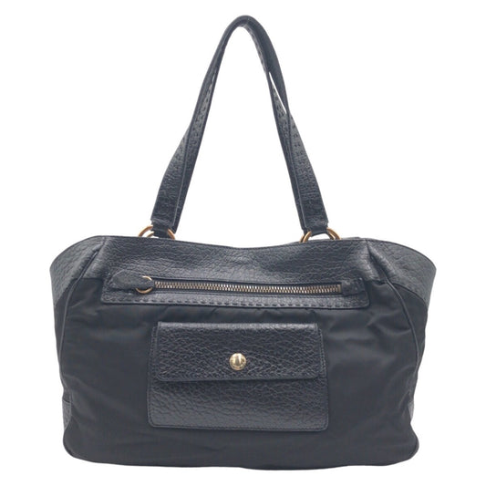 12833
 PRADA Vitello Dino Tessuto Triangle Logo Black Nylon/Leather Tote Bag Shoulder Bag Women's