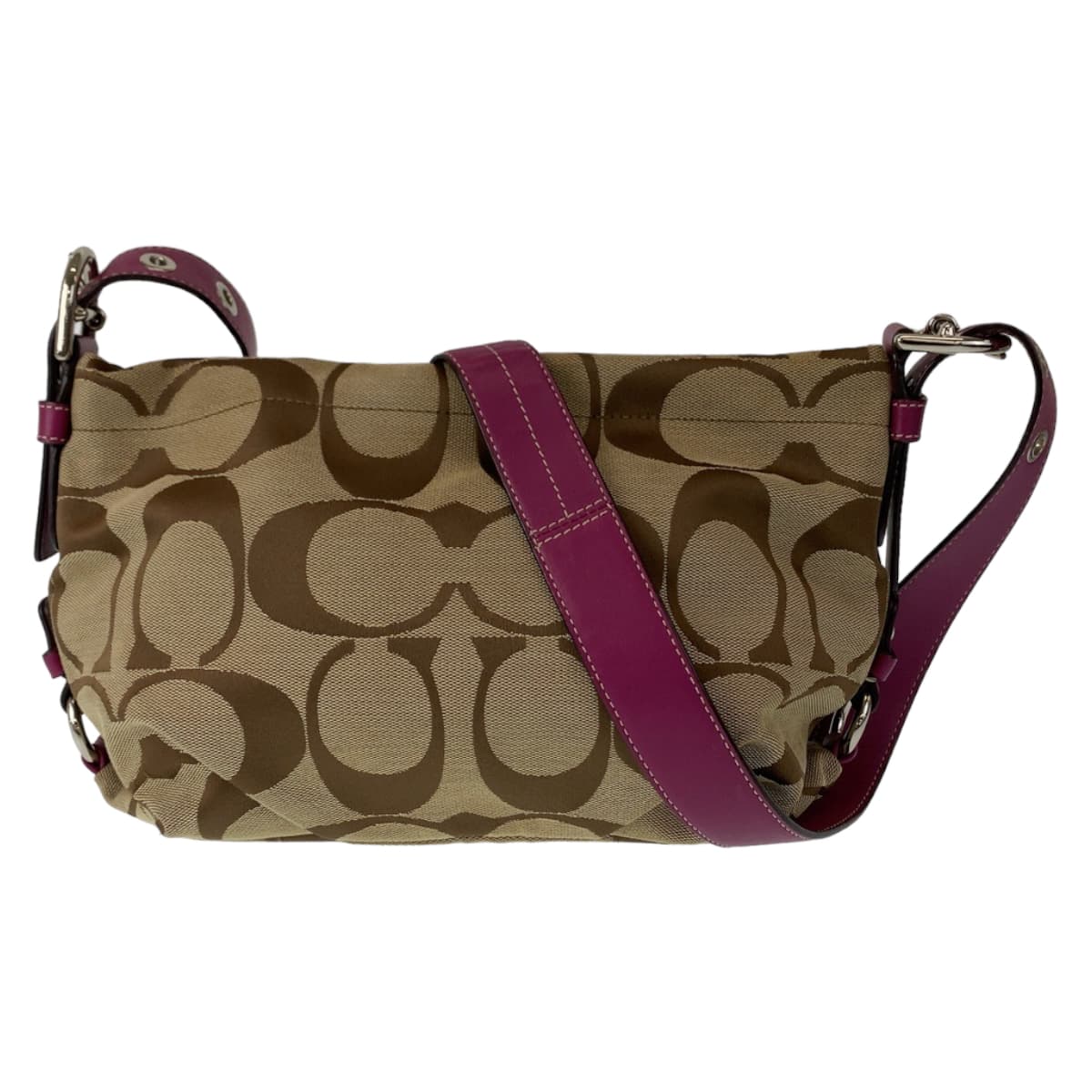 12532
COACH コーチ シグネチャー ベージュ パープル シルバー金具 キャンバス ショルダーバッグ メッセンジャーバッグ 斜め掛け可能  レディース AB5