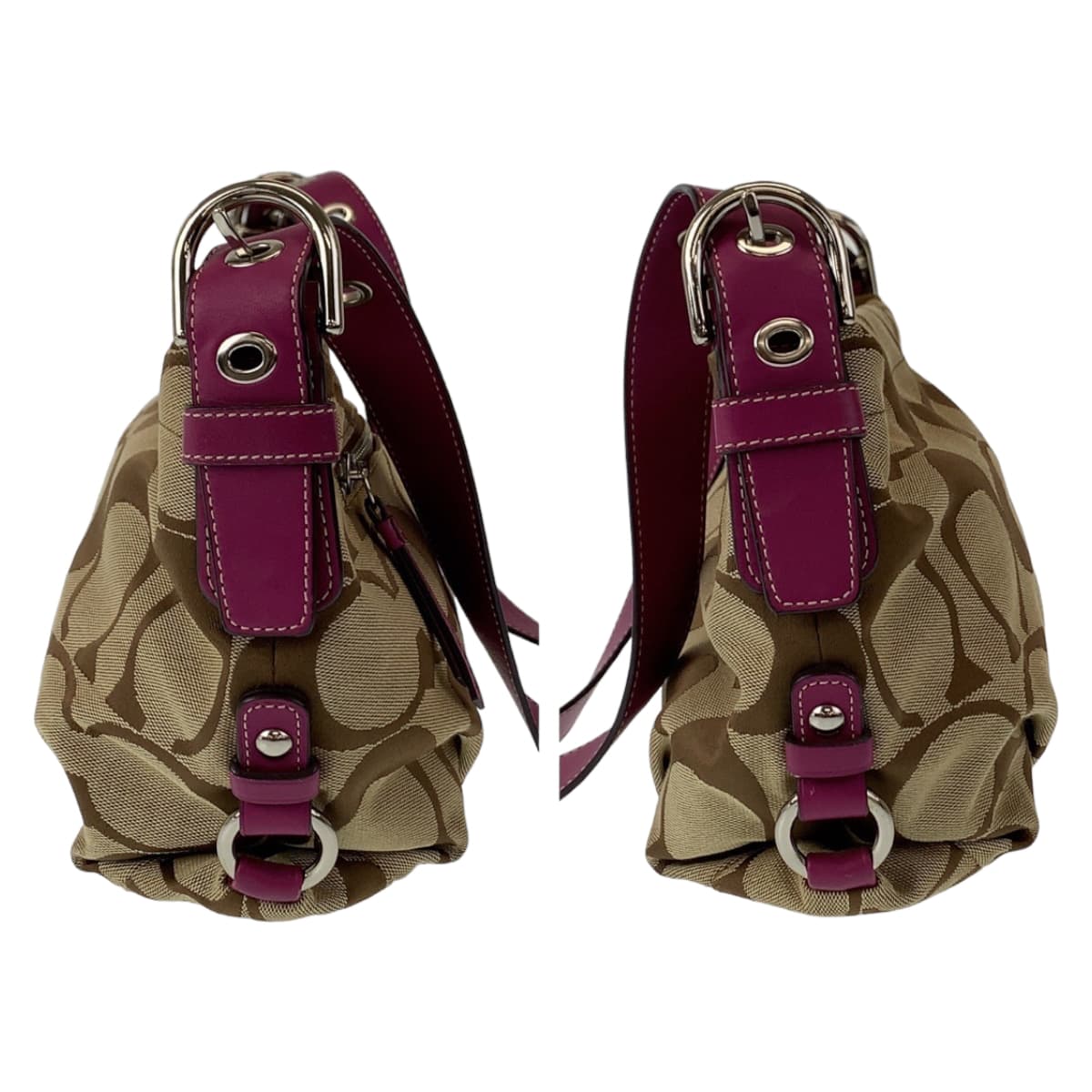 12532
COACH コーチ シグネチャー ベージュ パープル シルバー金具 キャンバス ショルダーバッグ メッセンジャーバッグ 斜め掛け可能  レディース AB5