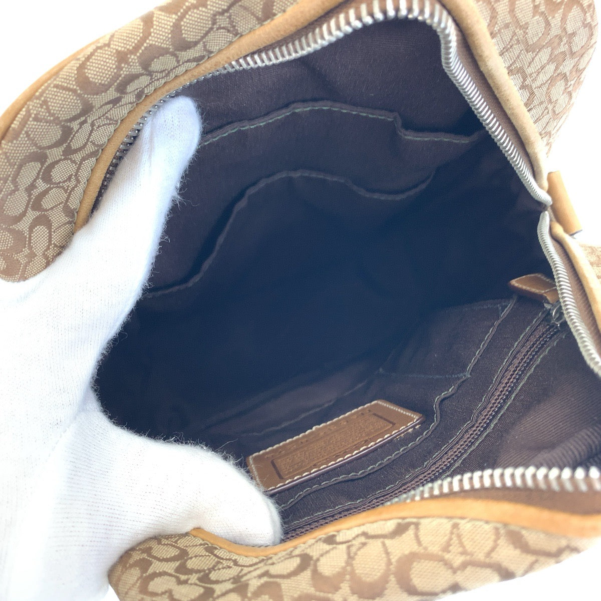 12531
 COACH Signature Brown Beige Silver Hardware Canvas/Leather Crossbody Shoulder Bag Pochette Women's