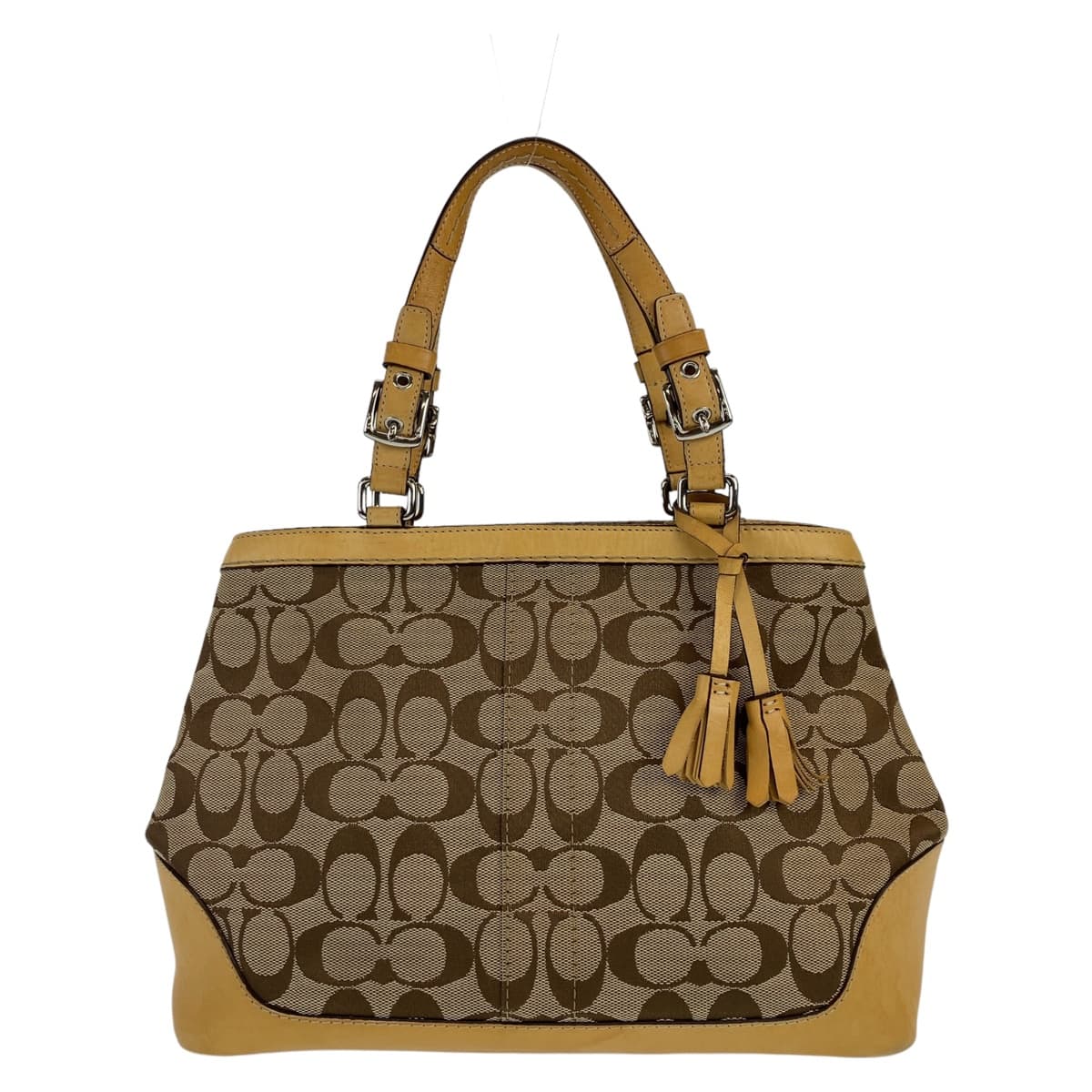 12530
COACH コーチ シグネチャー ベージュ ブラウン シルバー金具 キャンバス トートバッグハンドバッグ  レディース AB5