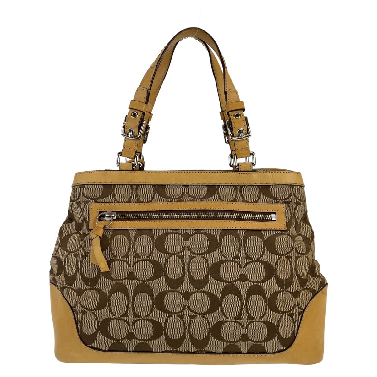 12530
COACH コーチ シグネチャー ベージュ ブラウン シルバー金具 キャンバス トートバッグハンドバッグ  レディース AB5