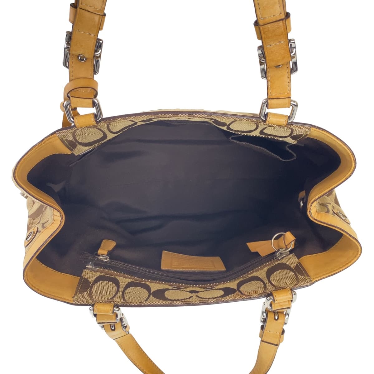 12530
COACH コーチ シグネチャー ベージュ ブラウン シルバー金具 キャンバス トートバッグハンドバッグ  レディース AB5