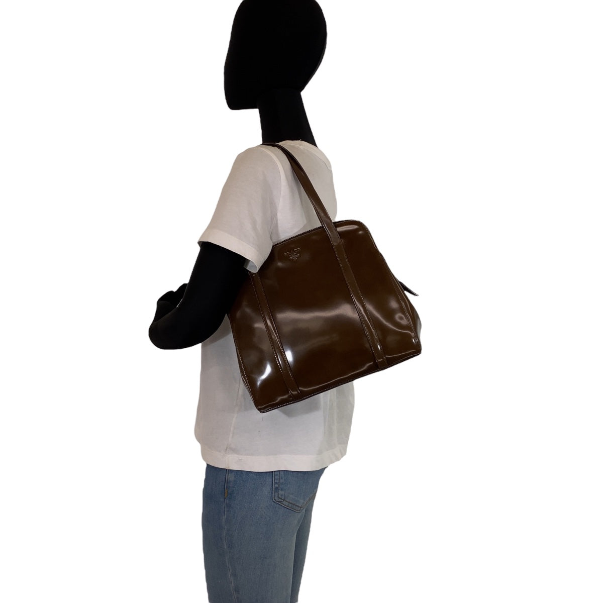 PRADA Prada logo embossed brown silver hardware leather shoulder bag for women