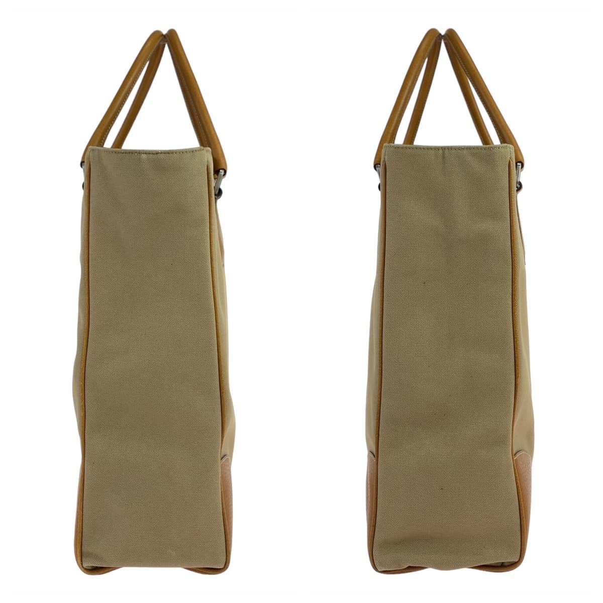 10611
PRADA プラダ 三角ロゴプレート 男女兼用 ベージュ キャメル シルバー金具 キャンバス / レザー トートバッグ ハンドバッグ  メンズ