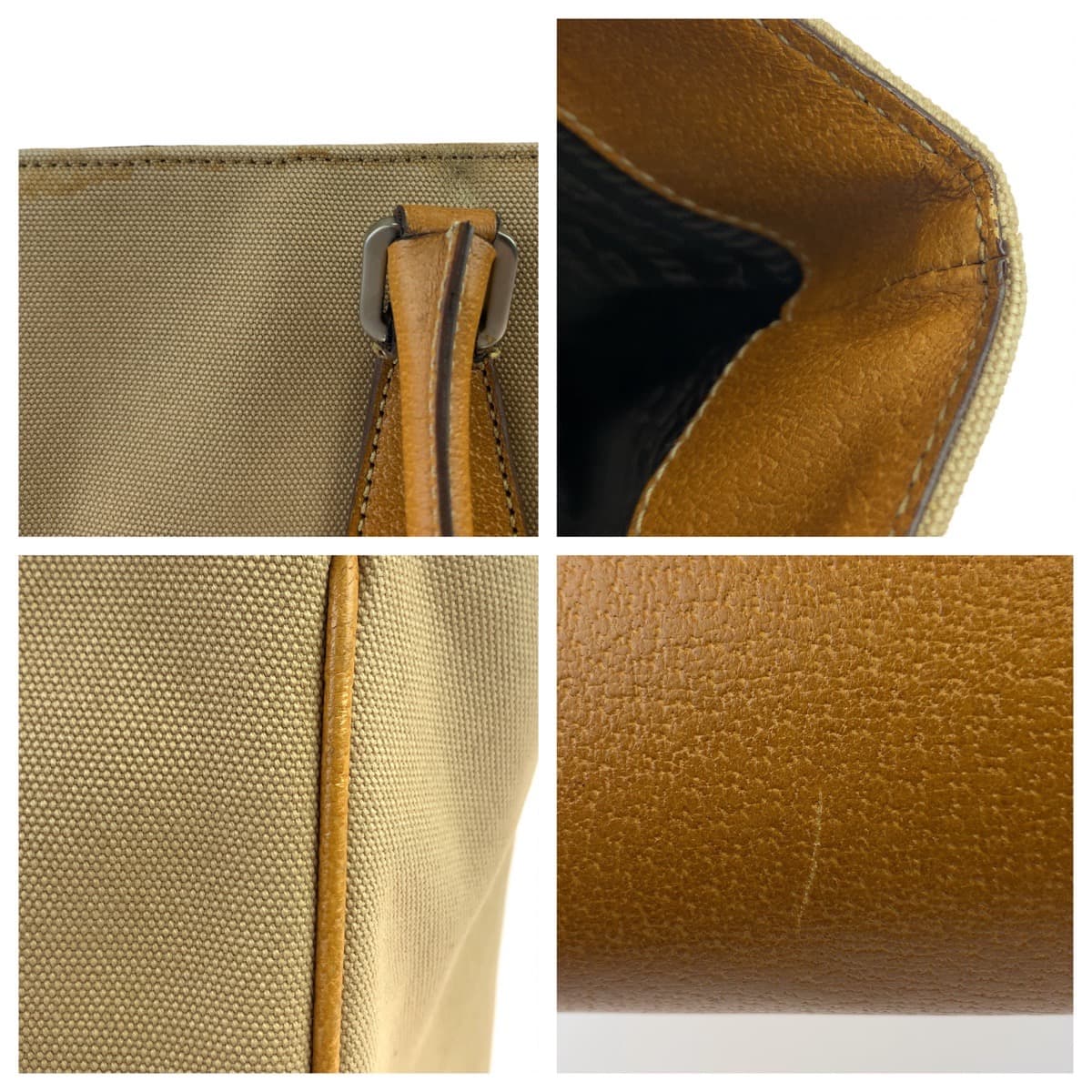 10611
PRADA プラダ 三角ロゴプレート 男女兼用 ベージュ キャメル シルバー金具 キャンバス / レザー トートバッグ ハンドバッグ  メンズ