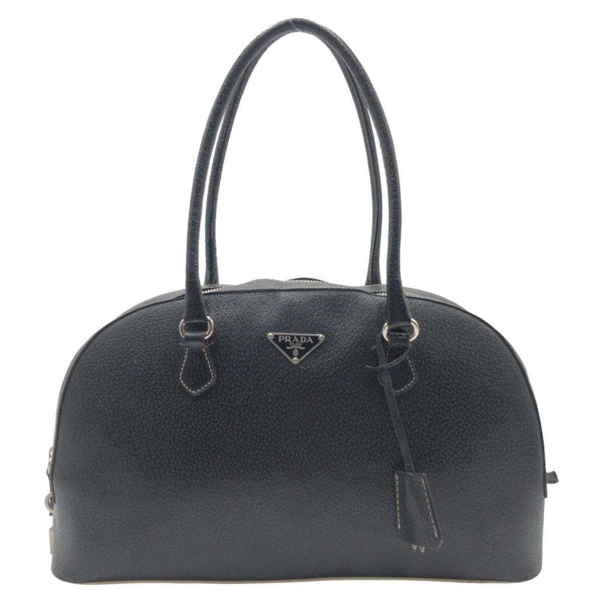 PRADA Prada Triangle Logo Black Silver Hardware Leather Handbag Boston Bag Women's
