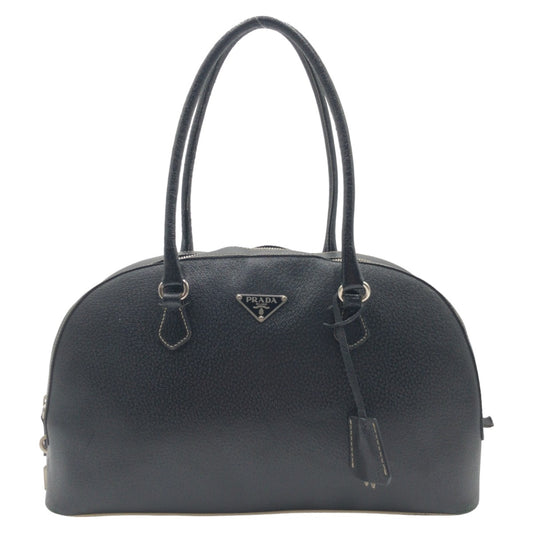 PRADA Prada Triangle Logo Black Silver Hardware Leather Handbag Boston Bag Women's