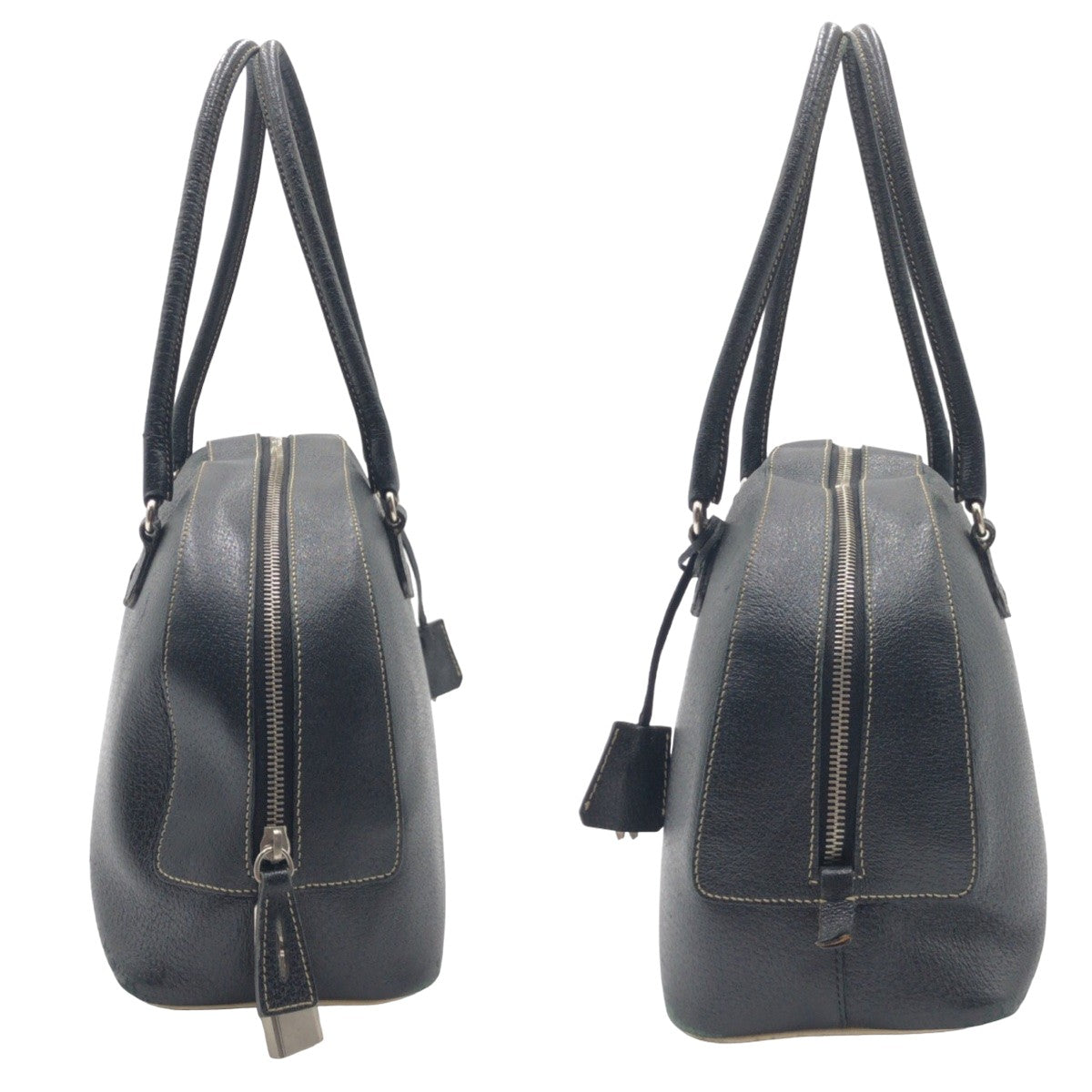 PRADA Prada Triangle Logo Black Silver Hardware Leather Handbag Boston Bag Women's