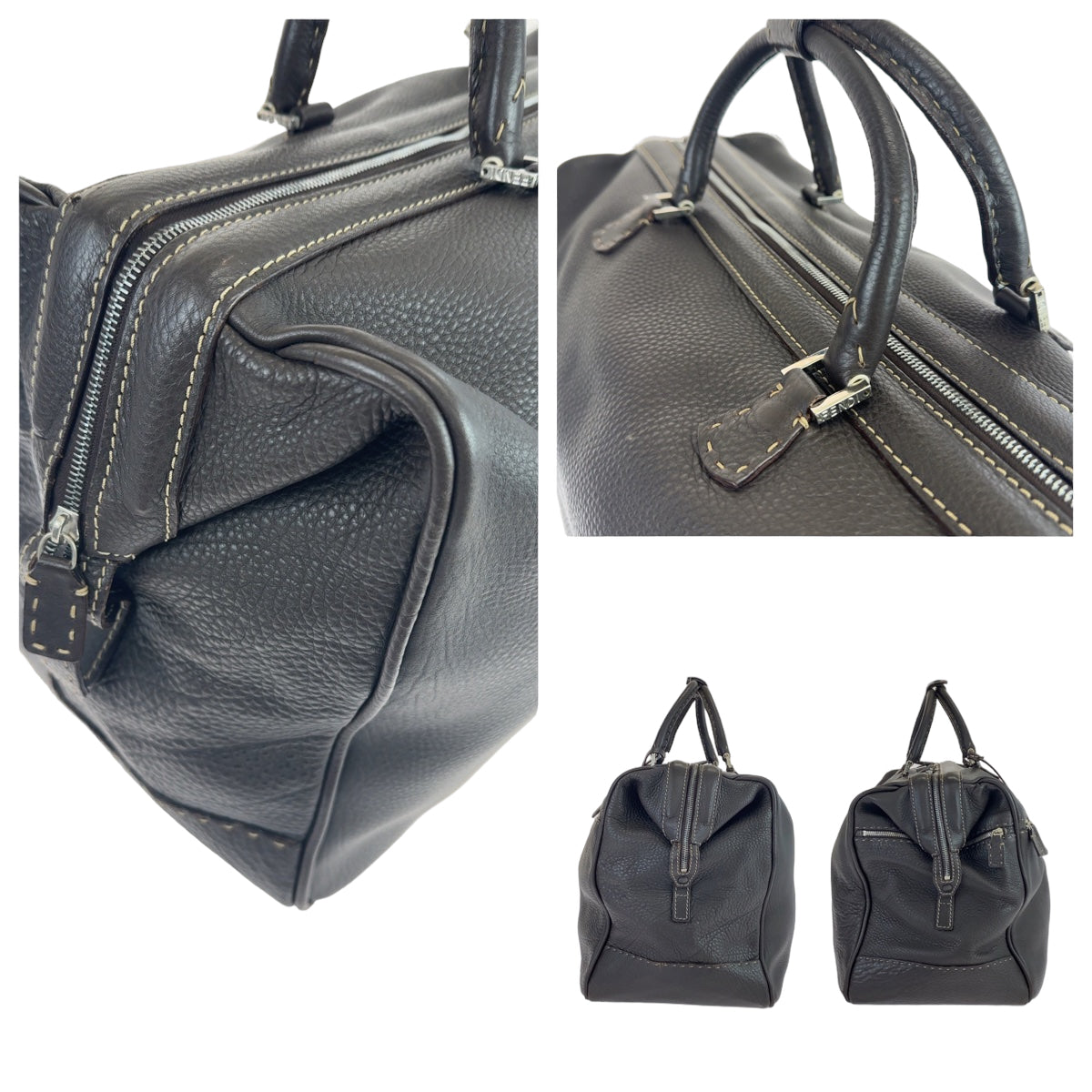 10613
FENDI フェンディ セレリア ブラウン 茶 シルバー金具 レザー ボストンバッグ 旅行バッグ  メンズ