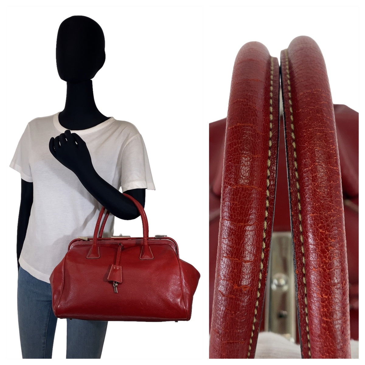 PRADA Prada Doctor's Bag Red Silver Hardware Leather Handbag Large Capacity Women's