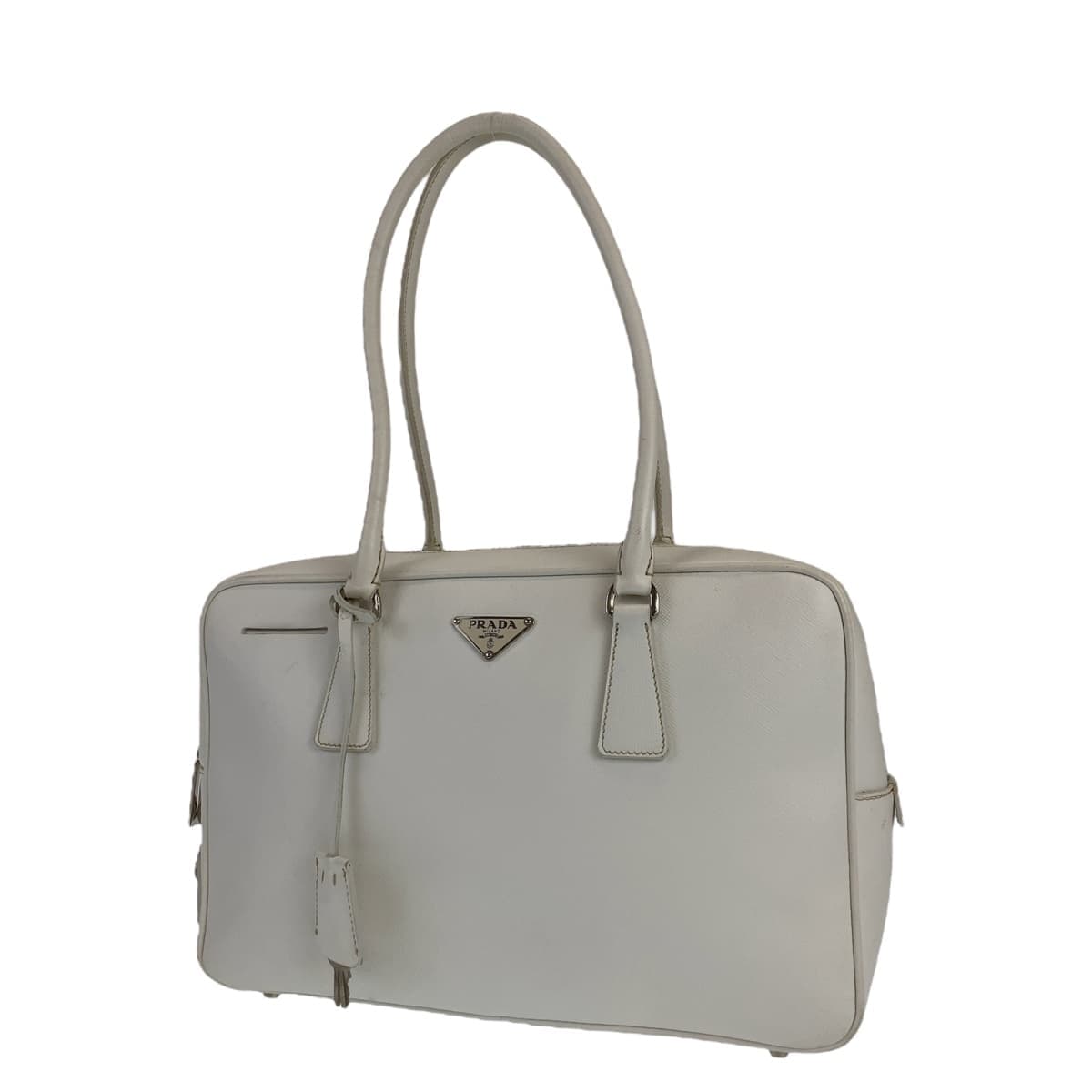 PRADA Saffiano Triangle Logo Plate White Silver Hardware Leather Shoulder Bag for Women