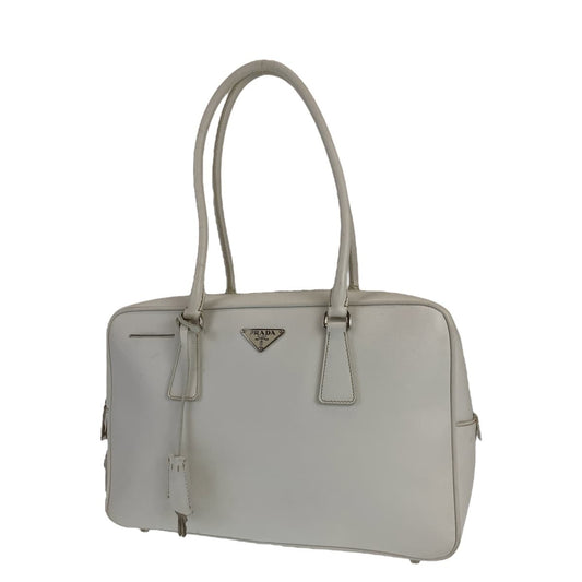 PRADA Saffiano Triangle Logo Plate White Silver Hardware Leather Shoulder Bag for Women