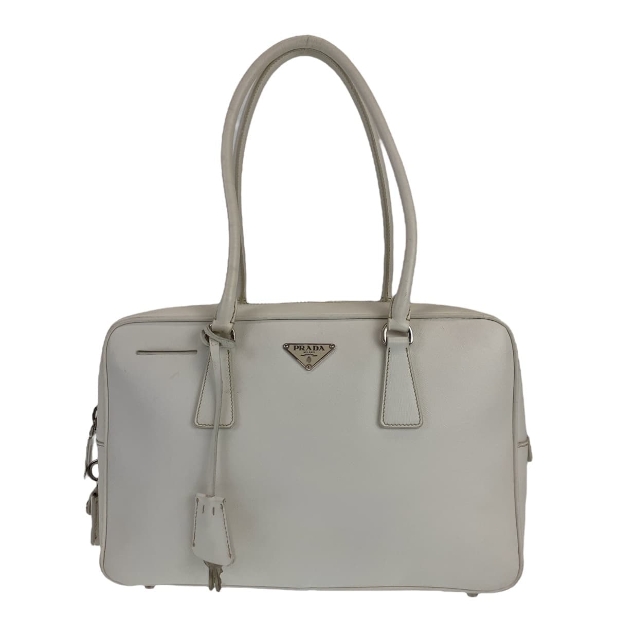PRADA Saffiano Triangle Logo Plate White Silver Hardware Leather Shoulder Bag for Women