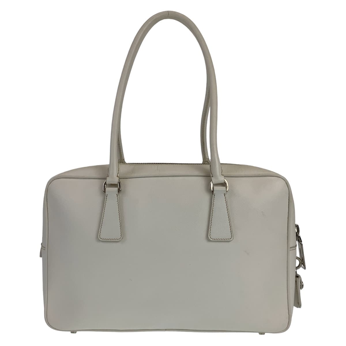 PRADA Saffiano Triangle Logo Plate White Silver Hardware Leather Shoulder Bag for Women