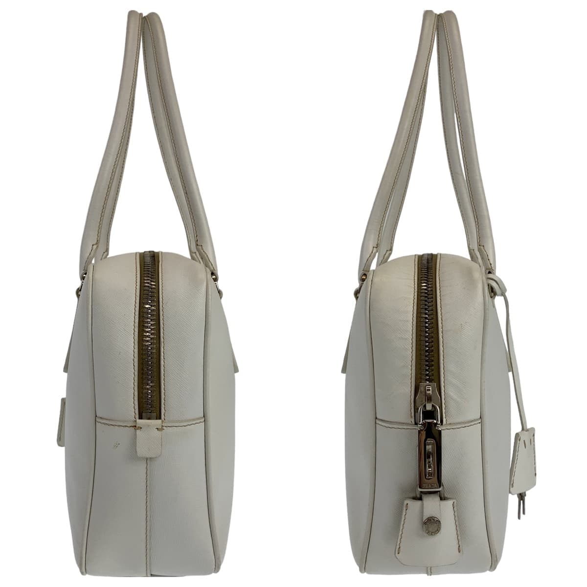 PRADA Saffiano Triangle Logo Plate White Silver Hardware Leather Shoulder Bag for Women