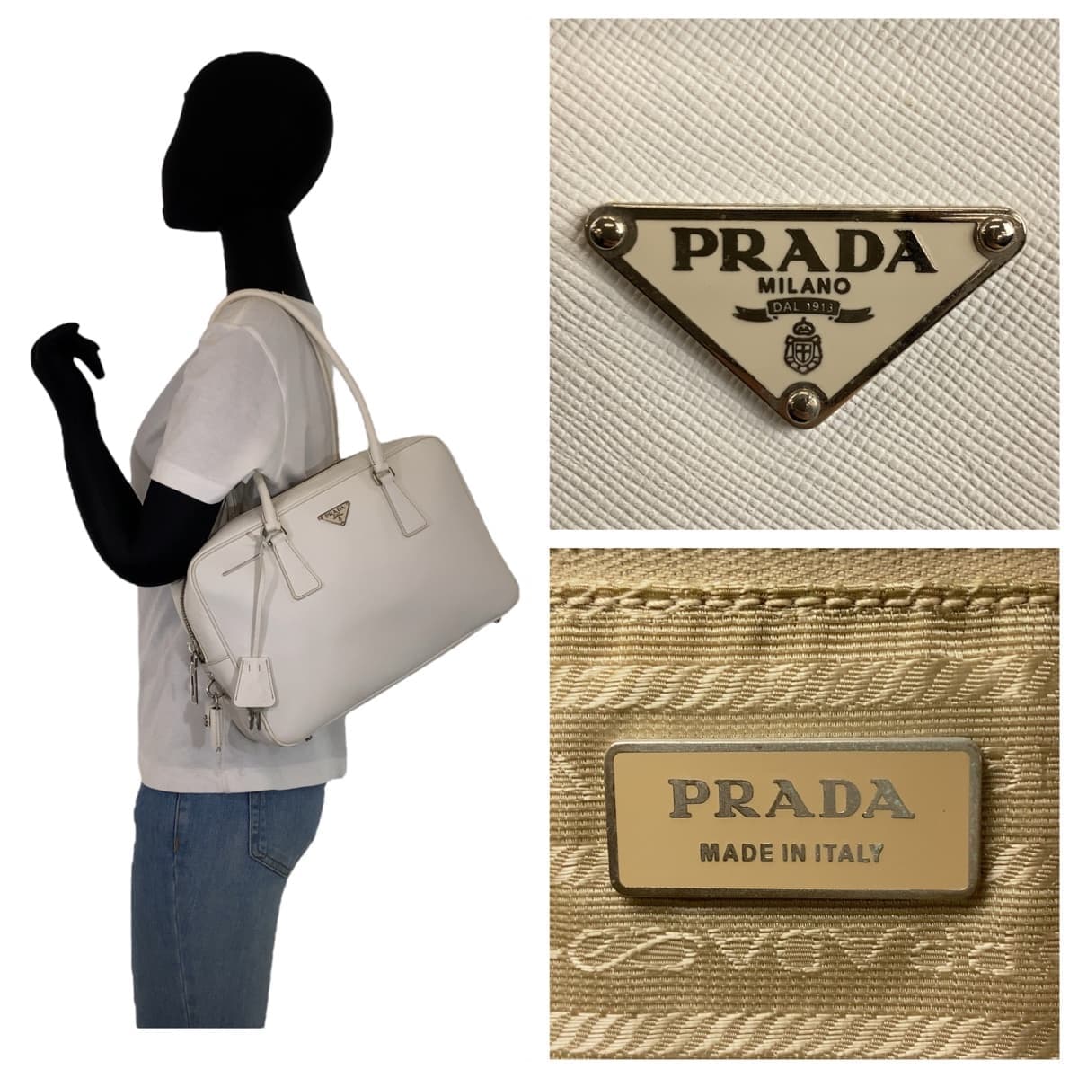 PRADA Saffiano Triangle Logo Plate White Silver Hardware Leather Shoulder Bag for Women