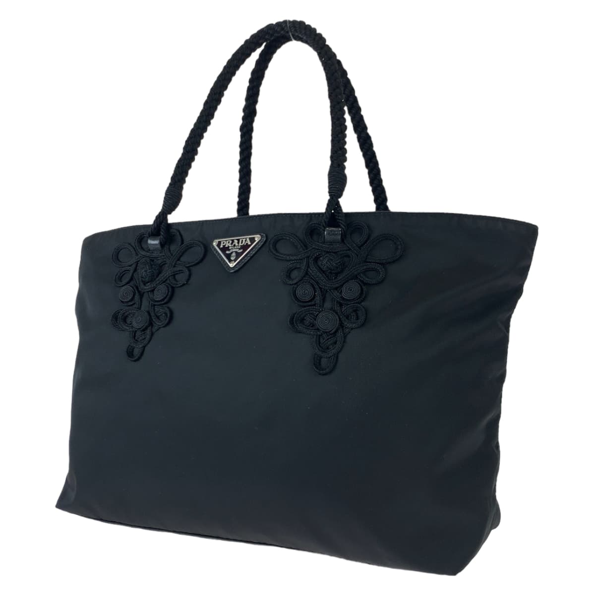 PRADA Tessuto Triangle Logo Plate Embroidery Black Nylon Tote Bag Handbag Women's