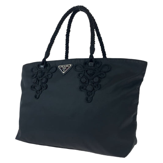 PRADA Tessuto Triangle Logo Plate Embroidery Black Nylon Tote Bag Handbag Women's
