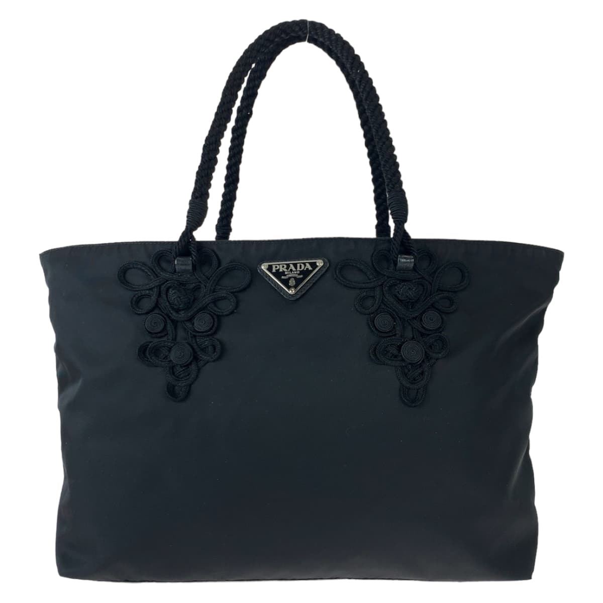 PRADA Tessuto Triangle Logo Plate Embroidery Black Nylon Tote Bag Handbag Women's