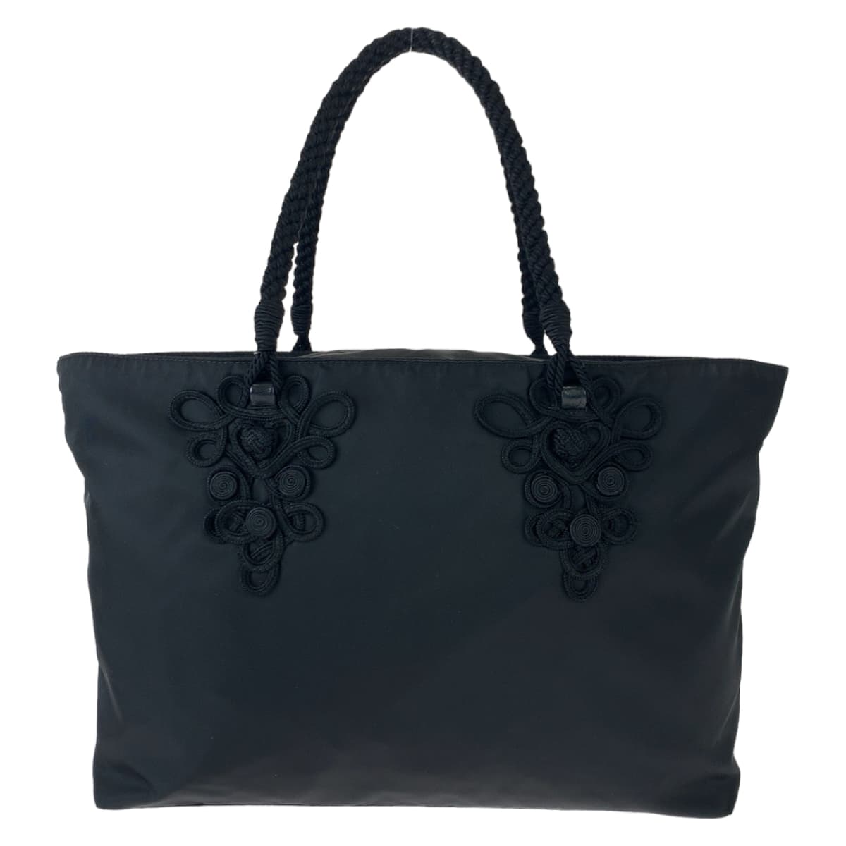 PRADA Tessuto Triangle Logo Plate Embroidery Black Nylon Tote Bag Handbag Women's