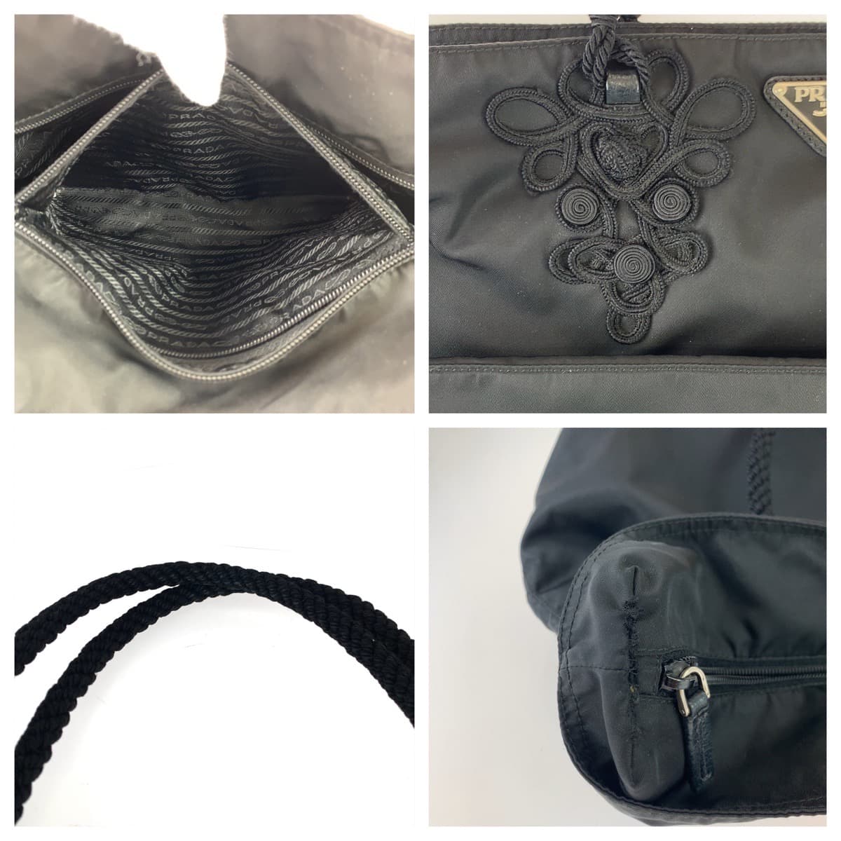 PRADA Tessuto Triangle Logo Plate Embroidery Black Nylon Tote Bag Handbag Women's