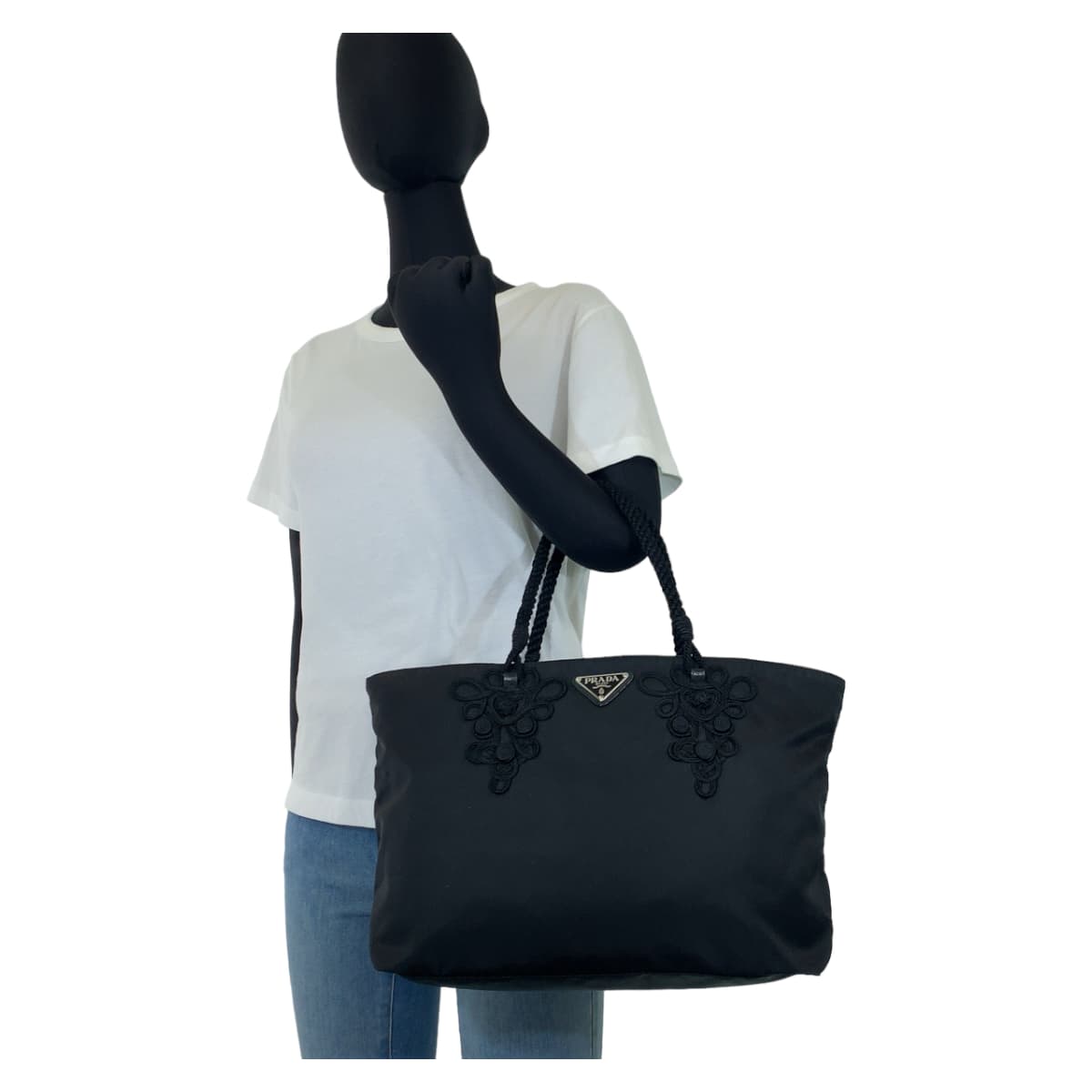 PRADA Tessuto Triangle Logo Plate Embroidery Black Nylon Tote Bag Handbag Women's