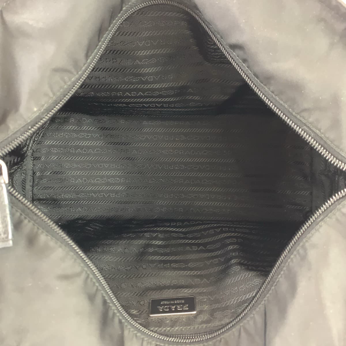 PRADA Tessuto Triangle Logo Plate Embroidery Black Nylon Tote Bag Handbag Women's