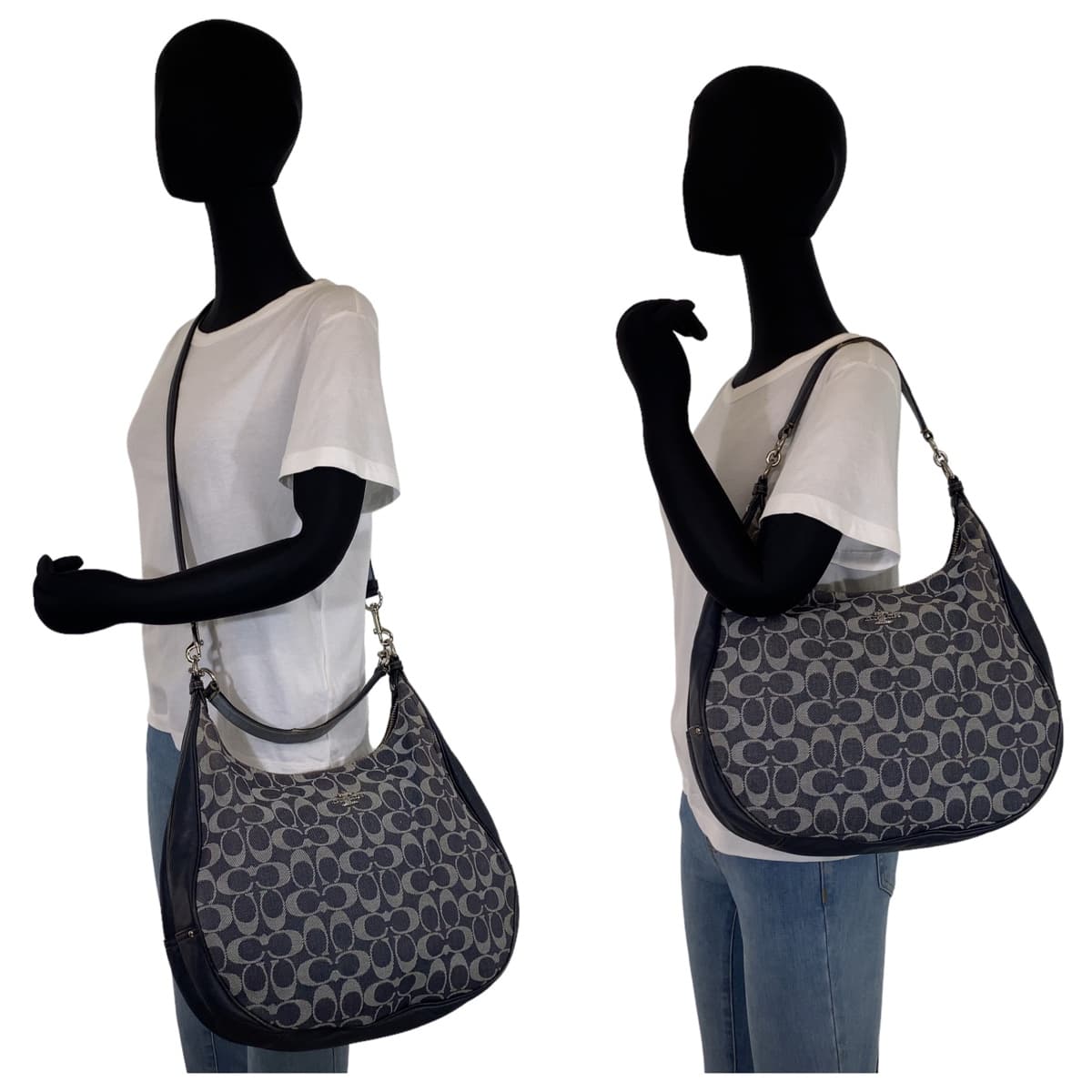 COACH コーチ シグネチャー ホーボー ネイビー シルバー金具 キャンバス ショルダーバッグ 斜め掛け  レディース