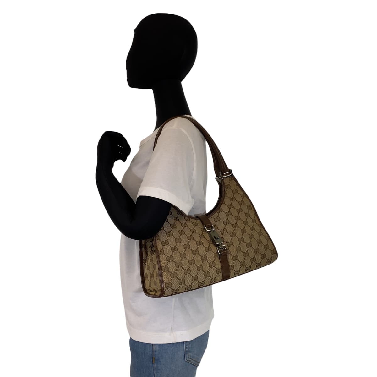 GUCCI グッチ ジャッキー ブラウン 茶 ベージュ シルバー金具 GGキャンバス / レザー 0021067 ワンショルダーバッグ 肩掛け  レディース