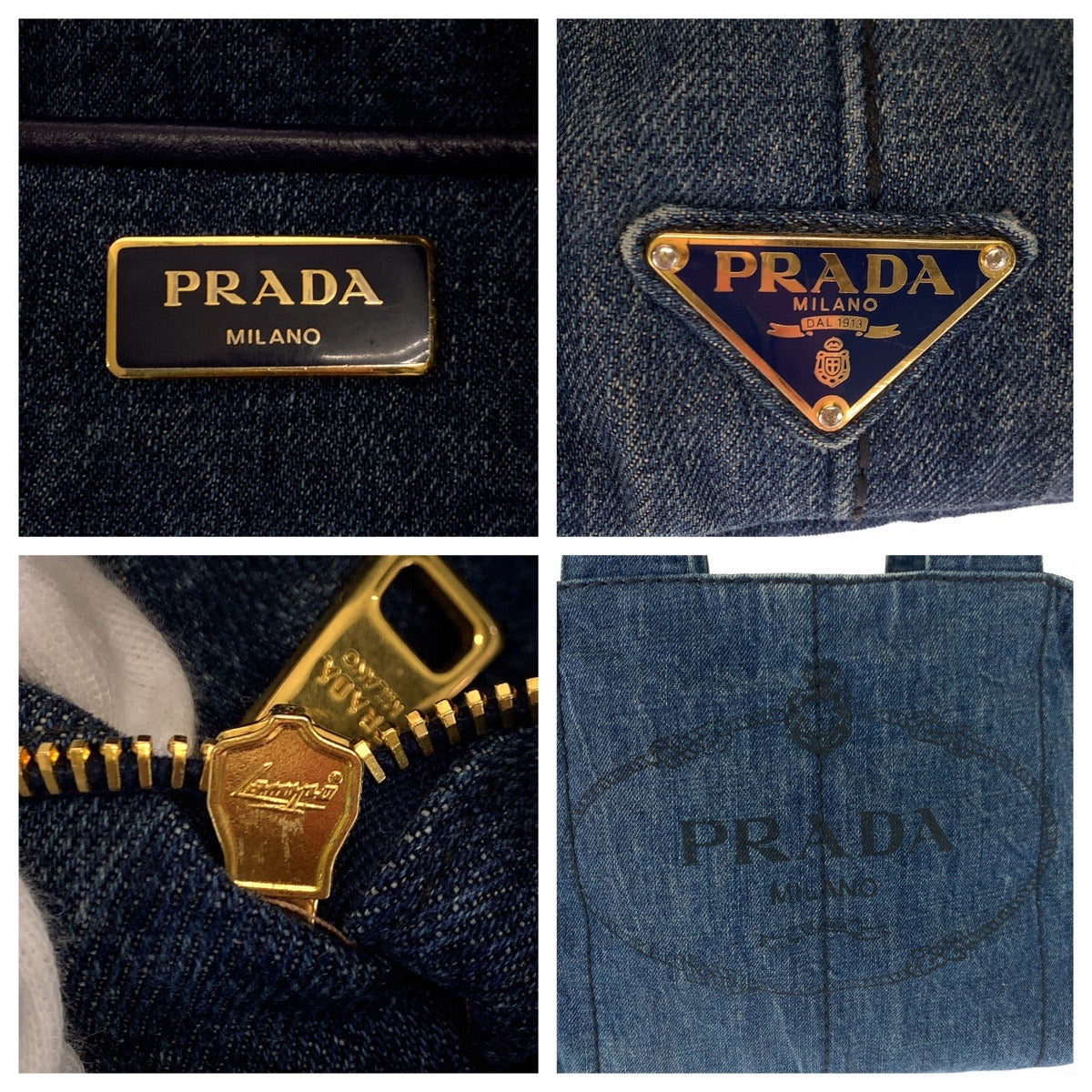 10647
 PRADA Prada Canapa Tote Triangle Logo Plate Canapa Tote Blue Gold Hardware Denim Tote Bag Handbag Women's