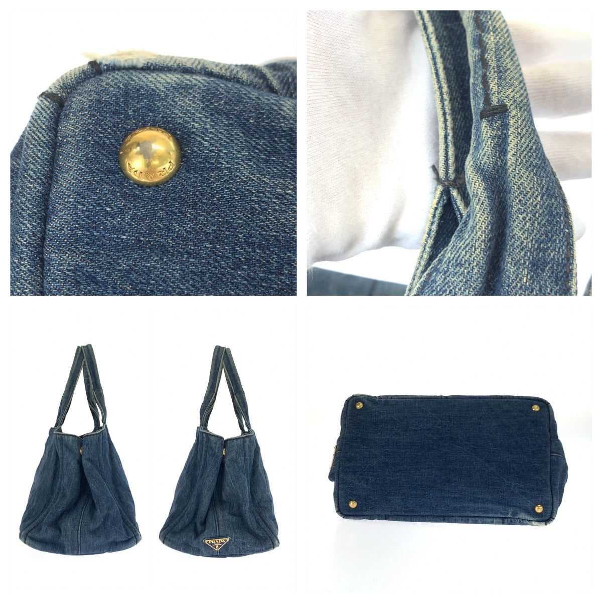 10647
 PRADA Prada Canapa Tote Triangle Logo Plate Canapa Tote Blue Gold Hardware Denim Tote Bag Handbag Women's