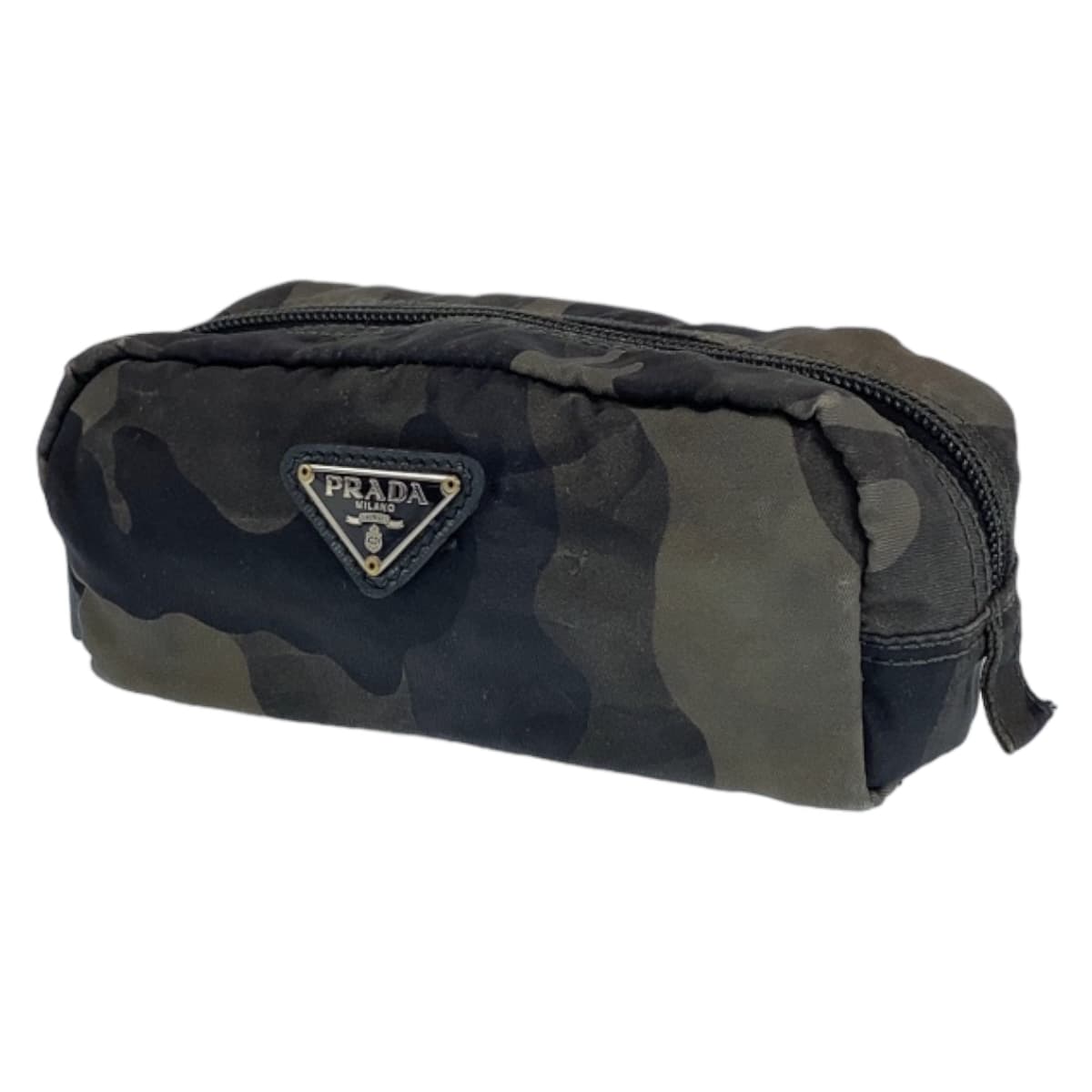PRADA Prada Triangle Logo Tessuto Khaki Camouflage Nylon Pouch Makeup Pouch for Women