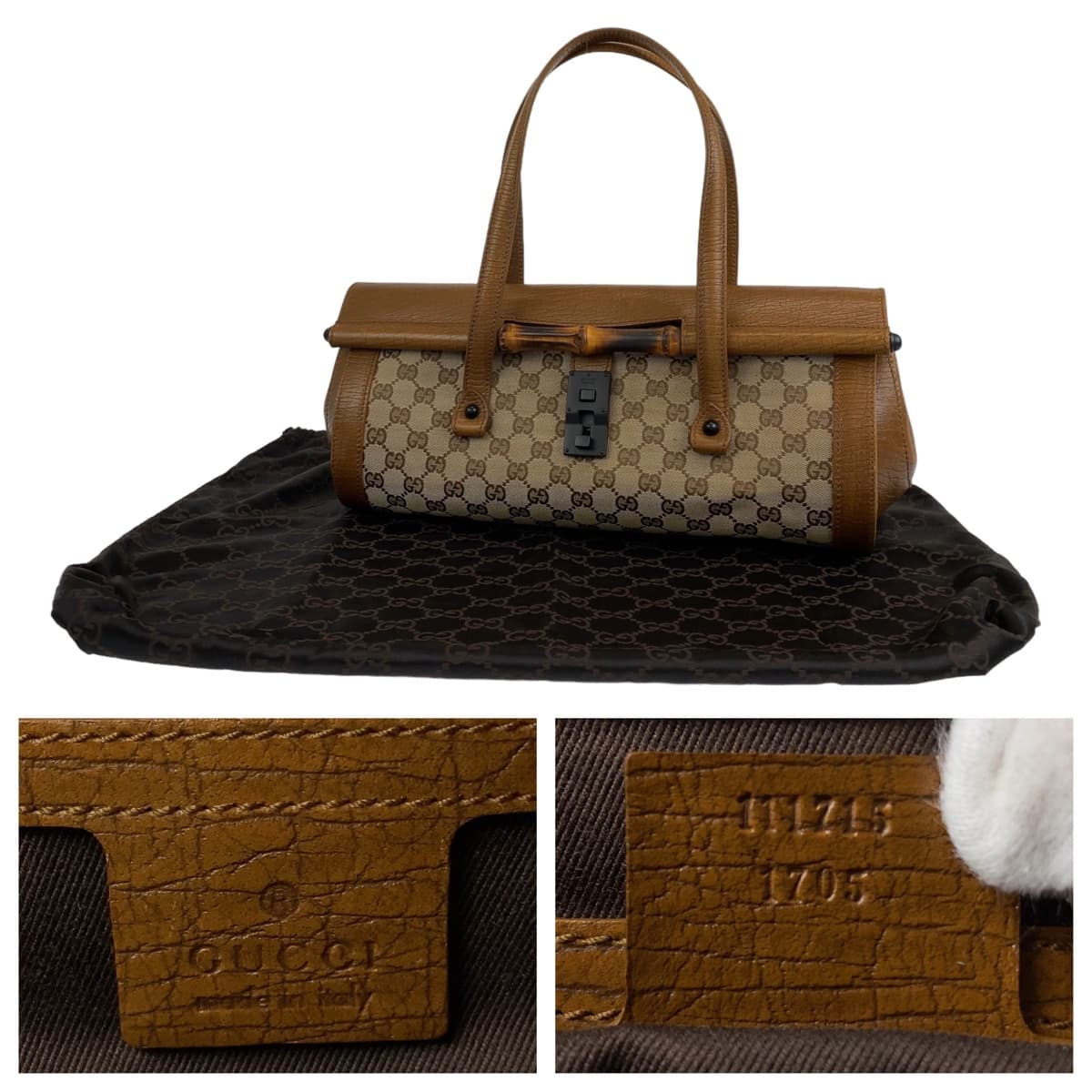 10650
GUCCI グッチ バンブー ブラウン 茶 キャメル ベージュ ブラック金具 GGキャンバス 111715 ショルダーバッグ  筒型 肩掛け  レディース