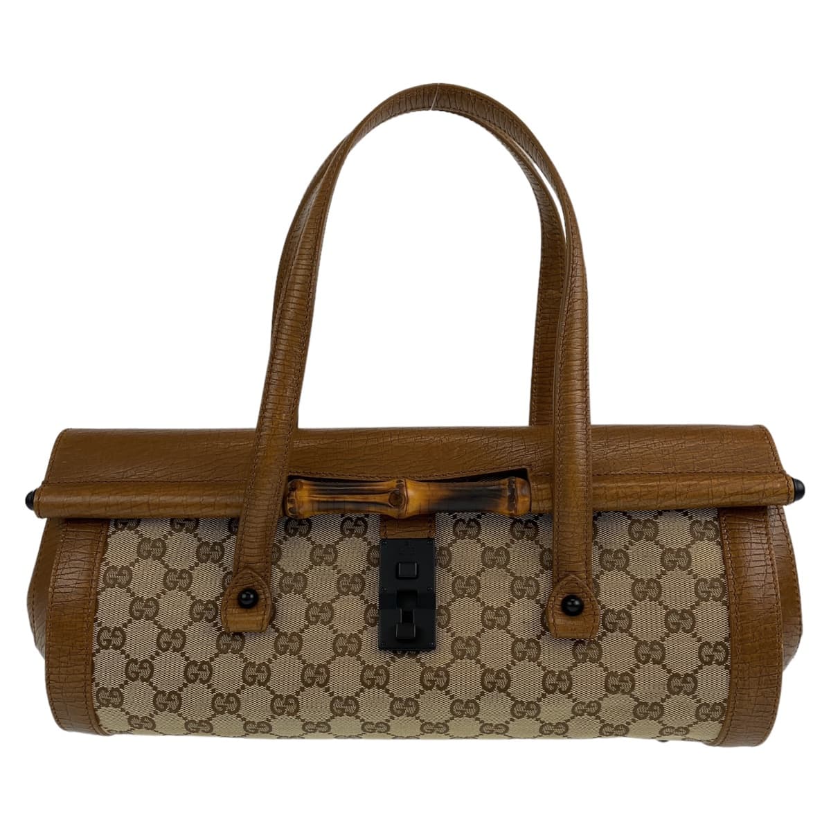 10650
GUCCI グッチ バンブー ブラウン 茶 キャメル ベージュ ブラック金具 GGキャンバス 111715 ショルダーバッグ  筒型 肩掛け  レディース