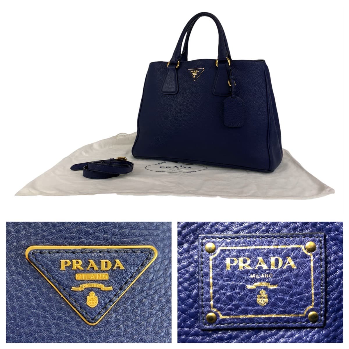 10652
PRADA プラダ ヴィッテロダイノ ガレリア ネイビー 紺 ゴールド金具 レザー トートバッグ ハンドバッグ ショルダーバッグ 2way  レディース