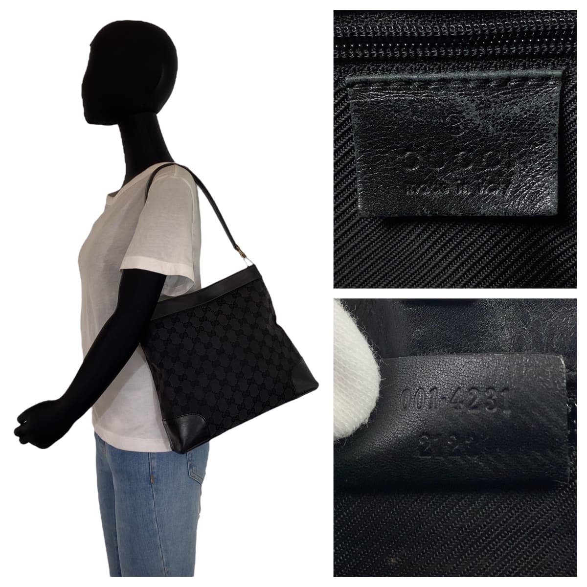 10656
GUCCI グッチ ホーボー ブラック 黒 ゴールド金具 GGキャンバス / レザー 14231 ショルダーバッグ トートバッグ  レディース