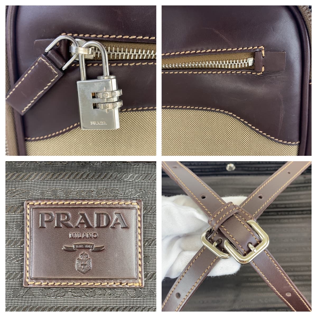 10662
PRADA プラダ ロゴジャガード ベージュ ブラウン 茶 シルバー金具 キャンバス / レザー スーツケース キャリーバッグ キャリーケース  レディース