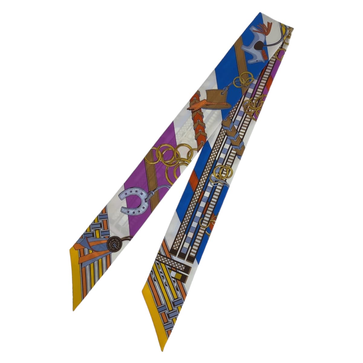 10675
HERMES エルメス ツイリー 馬勒とチャーム パープル ブルー マルチカラー シルク スカーフ ハンドル巻き リボン  レディース