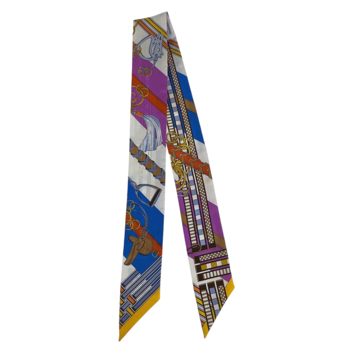 10675
HERMES エルメス ツイリー 馬勒とチャーム パープル ブルー マルチカラー シルク スカーフ ハンドル巻き リボン  レディース