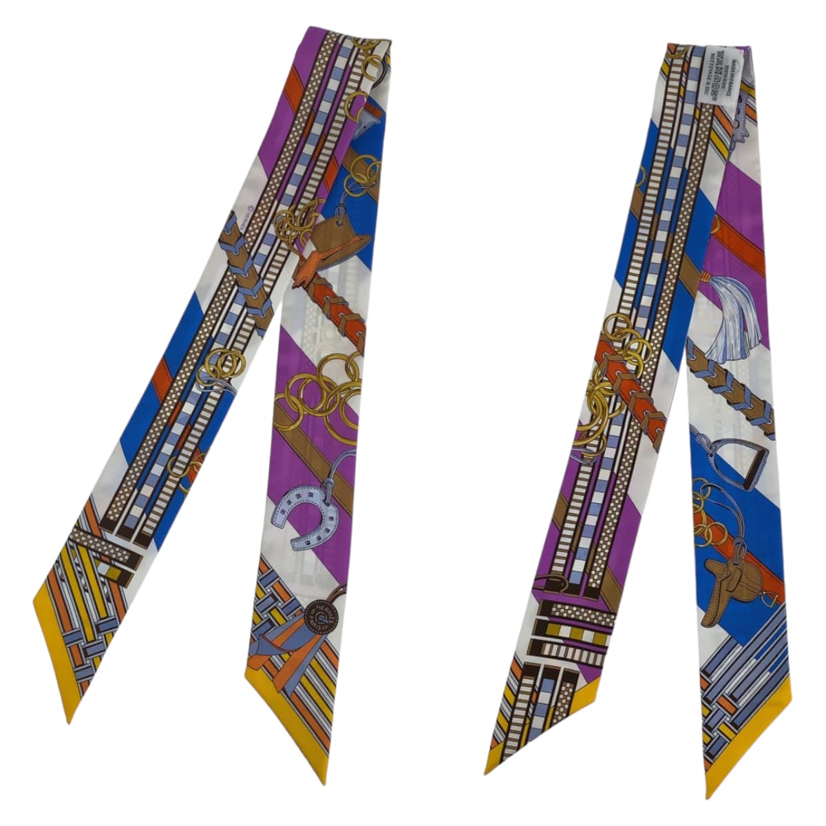 10675
HERMES エルメス ツイリー 馬勒とチャーム パープル ブルー マルチカラー シルク スカーフ ハンドル巻き リボン  レディース