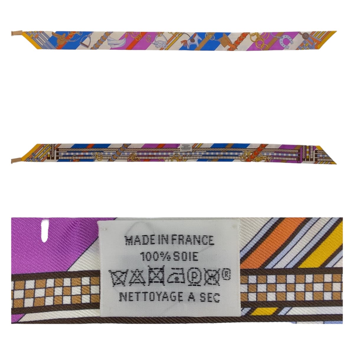 10675
HERMES エルメス ツイリー 馬勒とチャーム パープル ブルー マルチカラー シルク スカーフ ハンドル巻き リボン  レディース