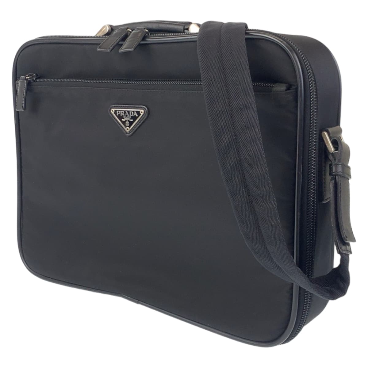 PRADA Tessuto Triangle Logo Black Silver Hardware Nylon Briefcase A4 Size 2WAY Men's