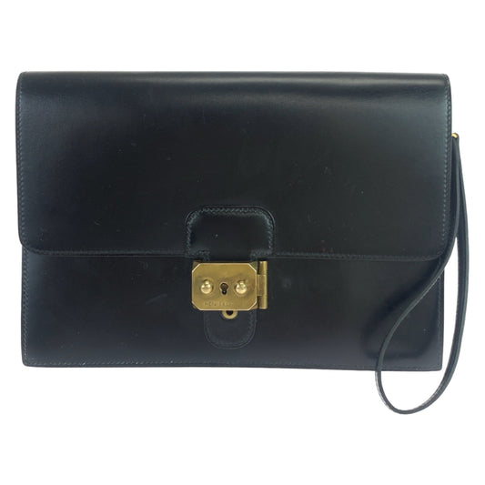 10687
 HERMES Hermes Vintage Pochette Jet Black Gold Hardware Box Calf Clutch Bag Second Bag ◯Y Stamp Men's