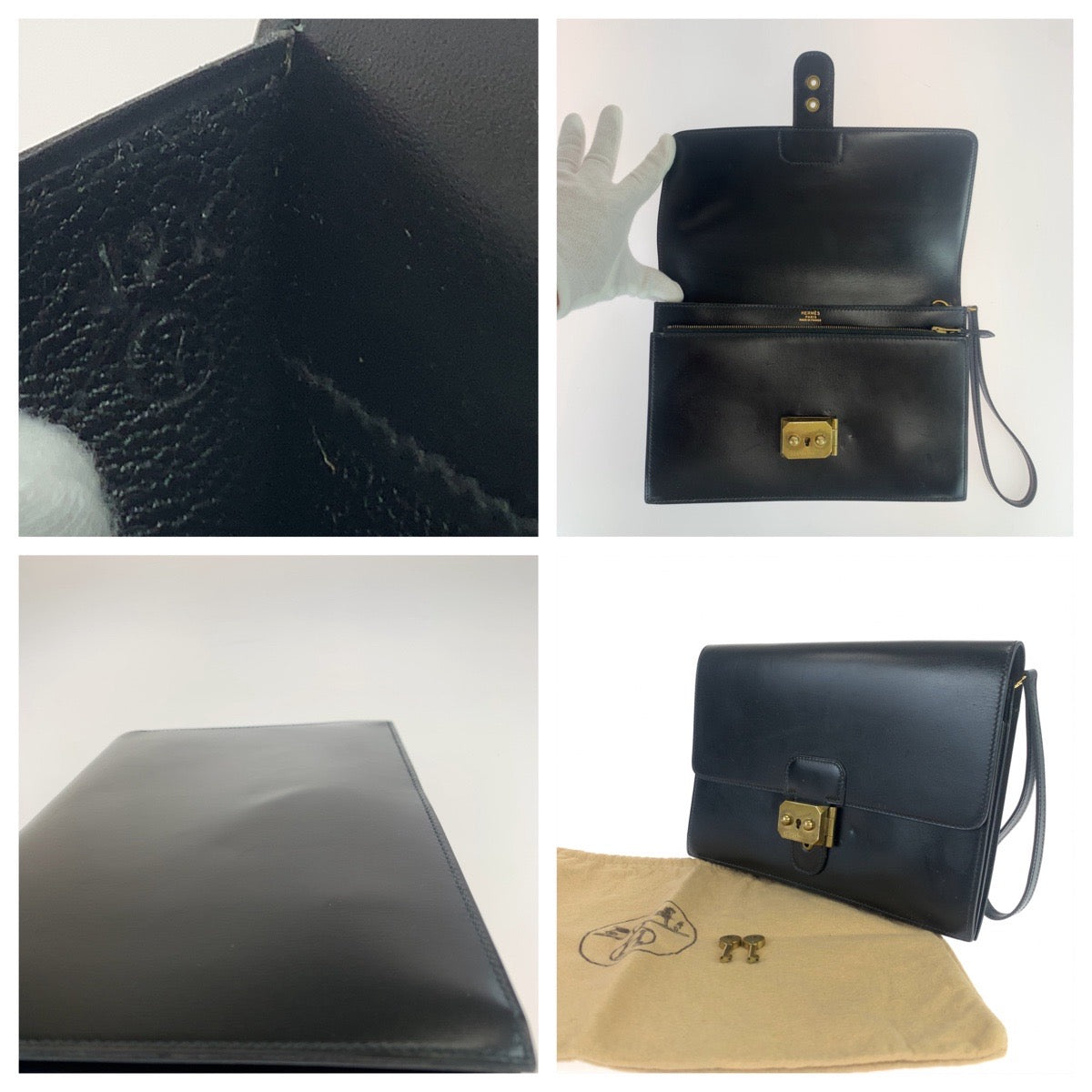 10687
 HERMES Hermes Vintage Pochette Jet Black Gold Hardware Box Calf Clutch Bag Second Bag ◯Y Stamp Men's